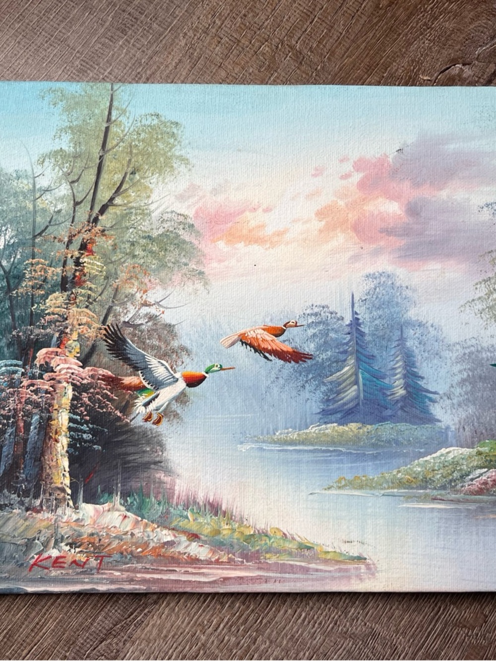 Vintage Landscape Canvas Painting with Flying Ducks water artist signed “Kent”